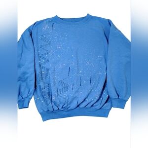 Rad 90s Vintage Blue Abstract Sweatshirt Glitter Rhinestone Puff Sleeve Crewneck